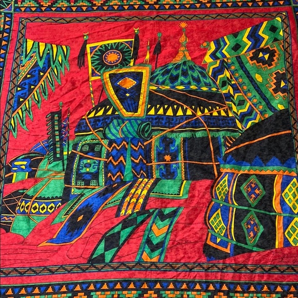 Vintage Ginnie Johansen Vibrant Red and Blue Scarf with Geometric Patterns - Picture 4 of 5